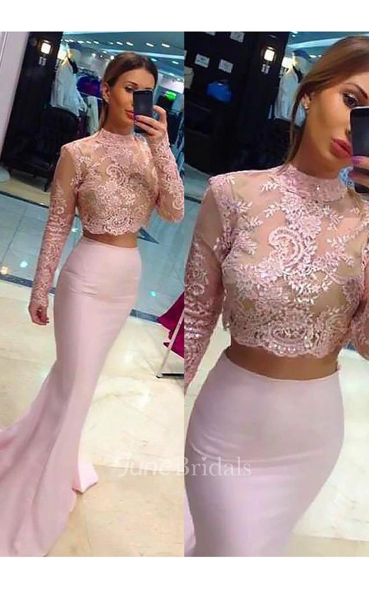 Column Long Sleeves Lace Sweep Brush Train High Neck Satin Two Piece Dress