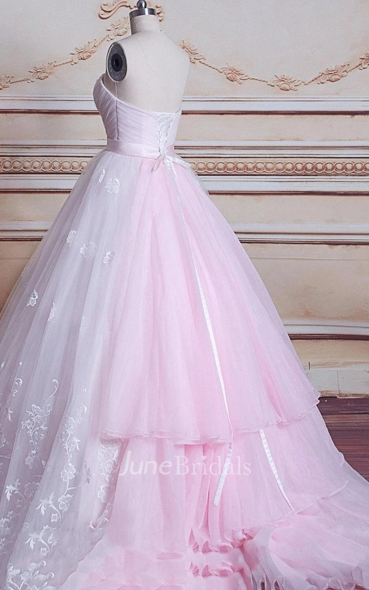 Ball Gown Sweetheart Chapel Train Tulle Lace Dress With Lace-Up Back