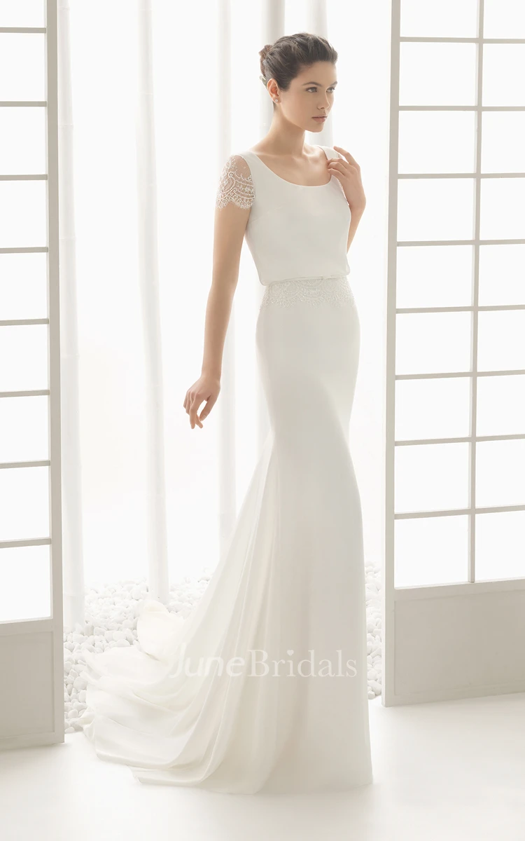 Bateau-neck Backless Illusion Lacy Cap-sleeved With Draping at Back