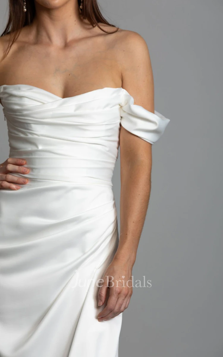 Elegant Mermaid Off-the-shoulder Satin Wedding Dress With Open Back And Ruching