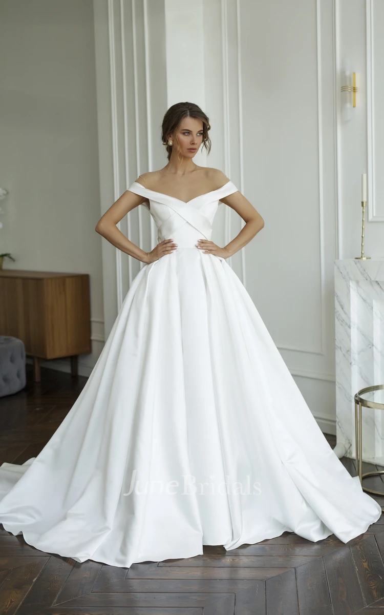 Criss Cross Off-the-shoulder Illusion Satin Wedding Dress With Illusion  Keyhole Back And Buttons - June Bridals