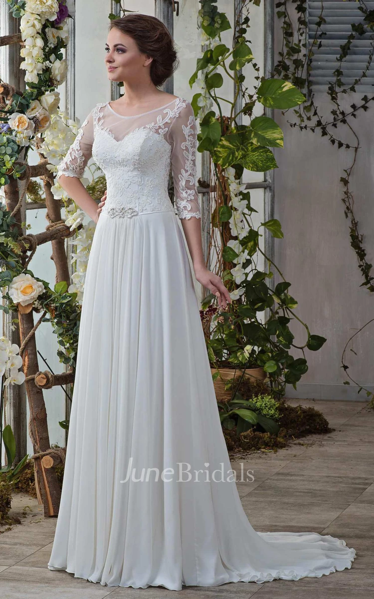 Scoop-Neck Illusion 3-4 Length Sleeve Chiffon Wedding Dress With Sweep Train