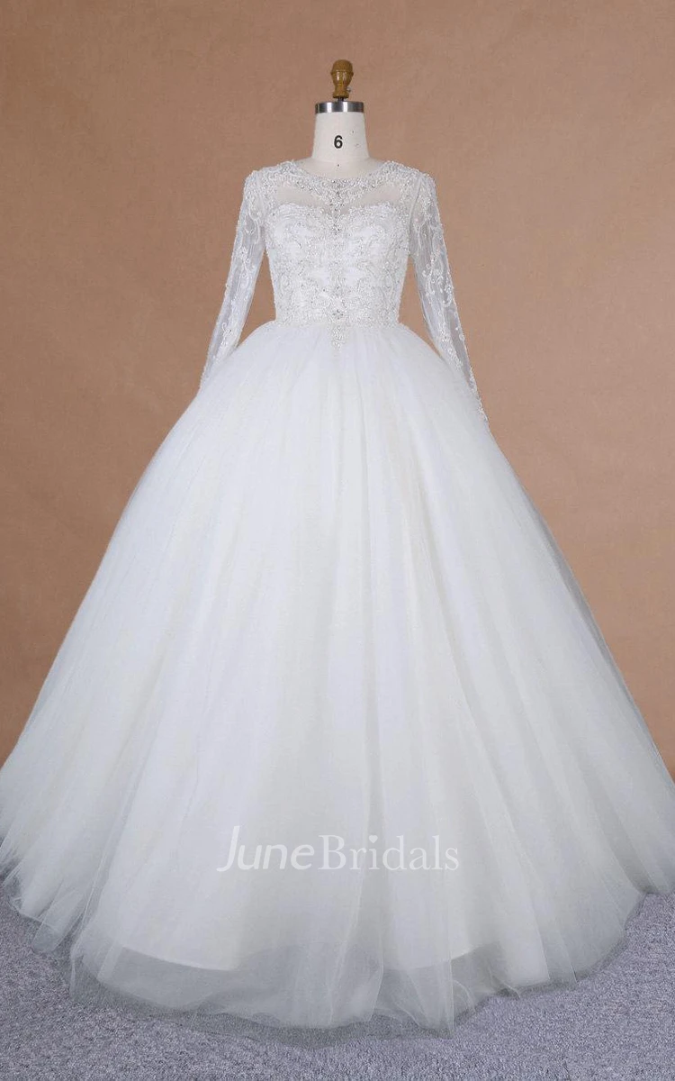 Ball Gown Long Sleeve Tulle Satin Dress With Beading Keyhole Back