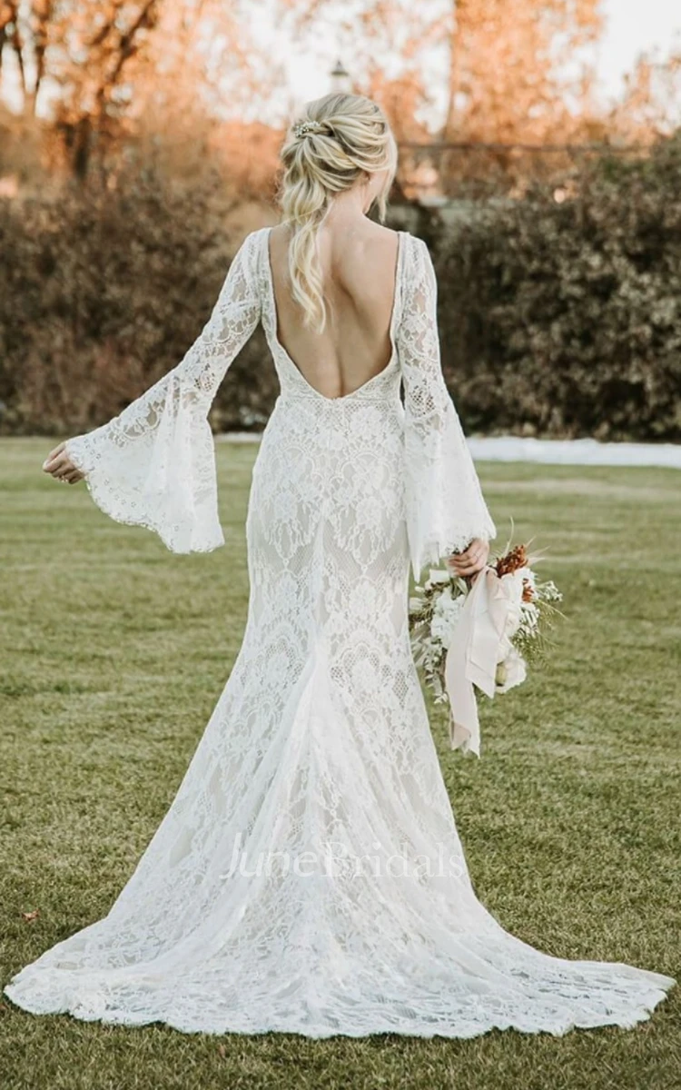 Modest Boho Long Sleeves Wedding Dress Simple Minimalist Sheath Plunging  Backless with Train - June Bridals