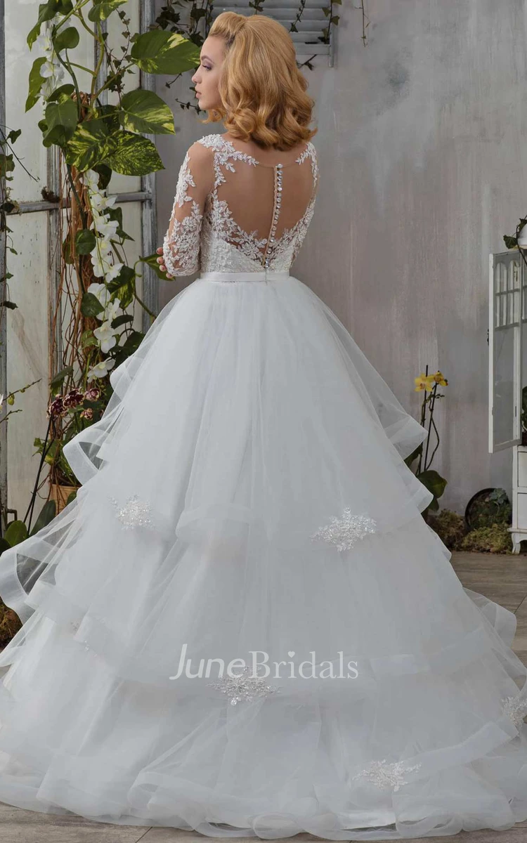 Illusion Long Sleeve Tulle Ball Gown Ruffled Wedding Dress With Appliques And Jewel Waist