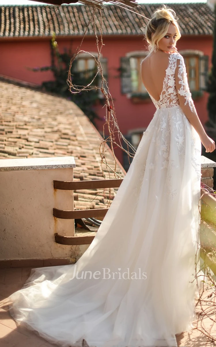 Simple A Line Plunging Neck Tulle Wedding Dress with Appliques and Ruching