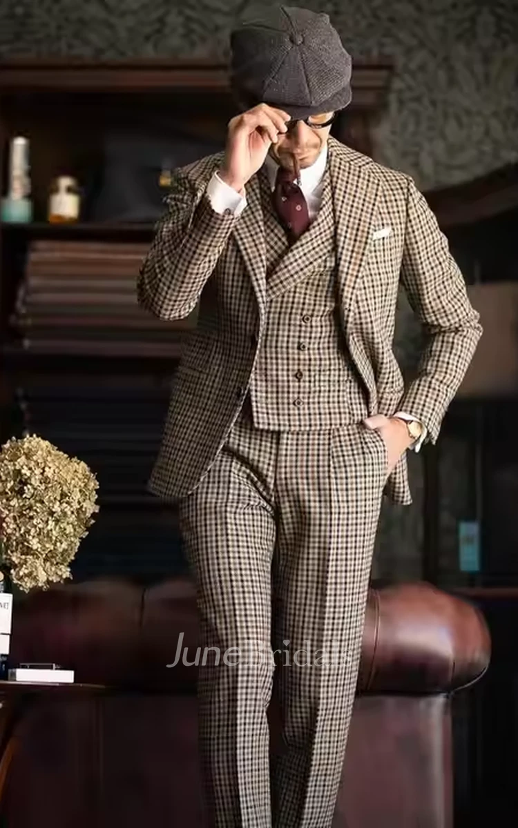 Gentle Vintage Houndstooth Men's Wedding Suit Retro Country Notched Lapel 3 Pieces Blazer Jacket Vest Pants