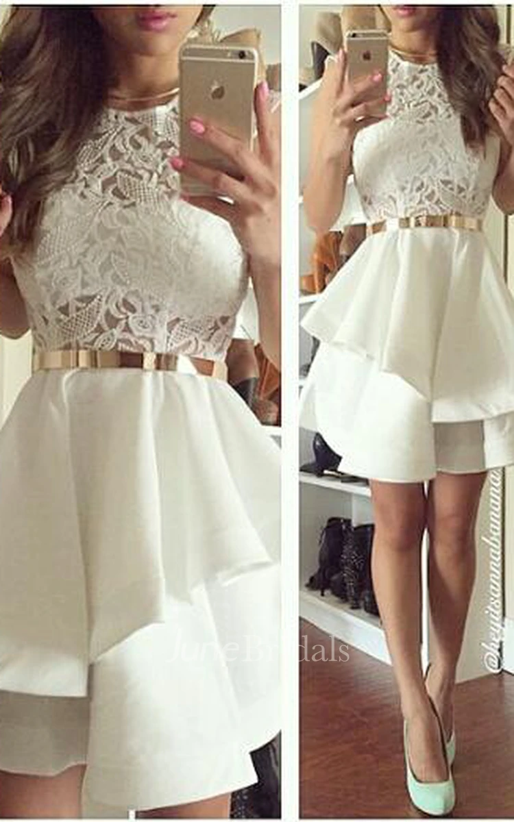Newest Illusion Short White Cocktail Dress Lace Two Layer Ruffles