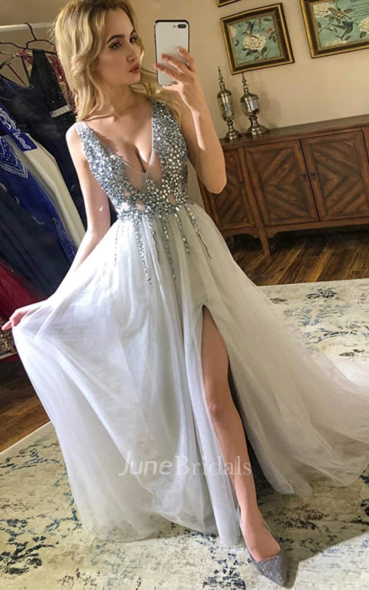 Romantic A Line V-neck Tulle Sleeveless Prom Dress