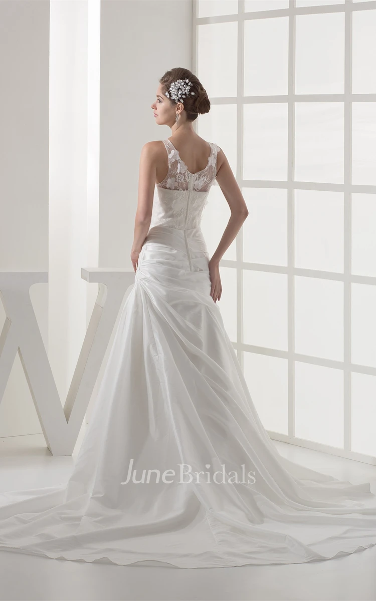 Floral Sleeveless A-Line Appliqued Gown with Draping and Illusion Neckline