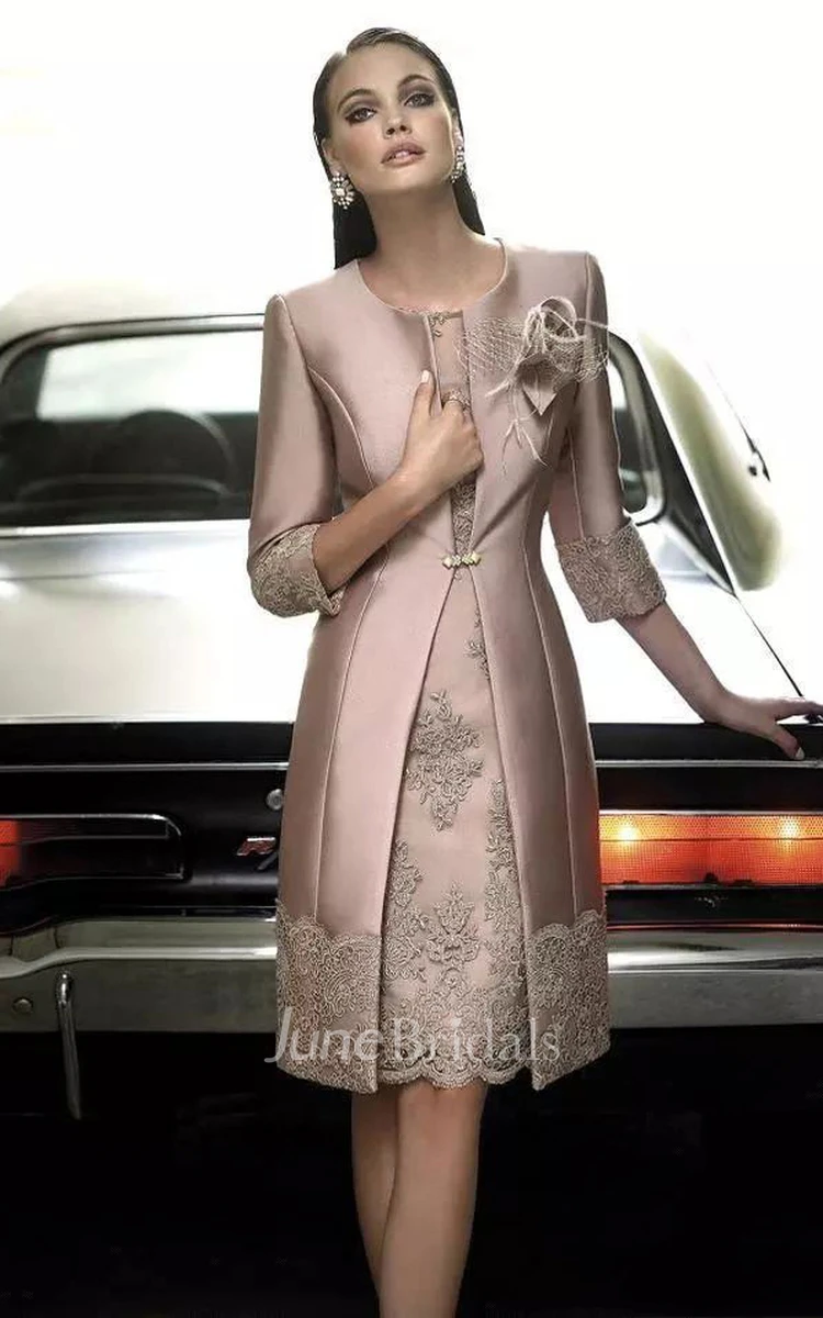A-line Jewel T-shirt 3-4 Length Sleeve Knee-length Satin Mother of the Bride Dress with Appliques