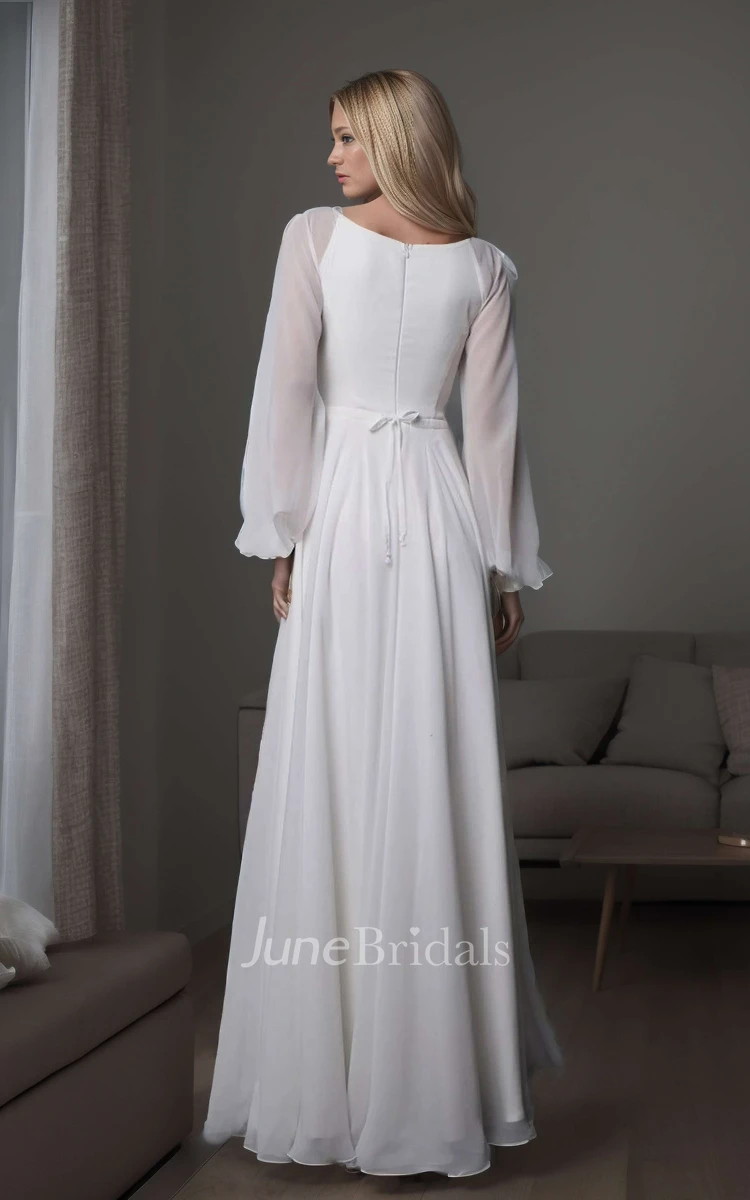 Simple Romantic Women's Long Sleeve A-Line Maxi Wedding Dress Formal Fall Flowy V-Neck Zipper Back Petite Floor Length Reception Bridal Gown