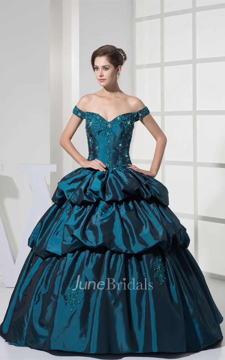 Strapped Pick-Up Ball Gown with Appliques and Corset Back