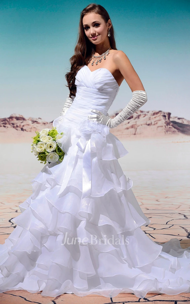 Sweetheart Criss-Cross Ruffled Gown With Tiers and Flower