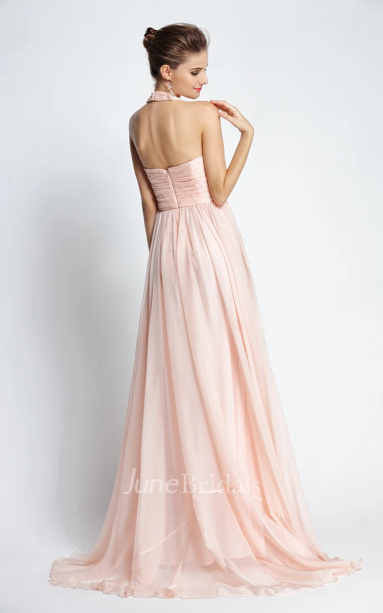 A-Line Halter Sleeveless Floor-length Sweep Brush Train Chiffon Prom Dress with Open Back and Beading