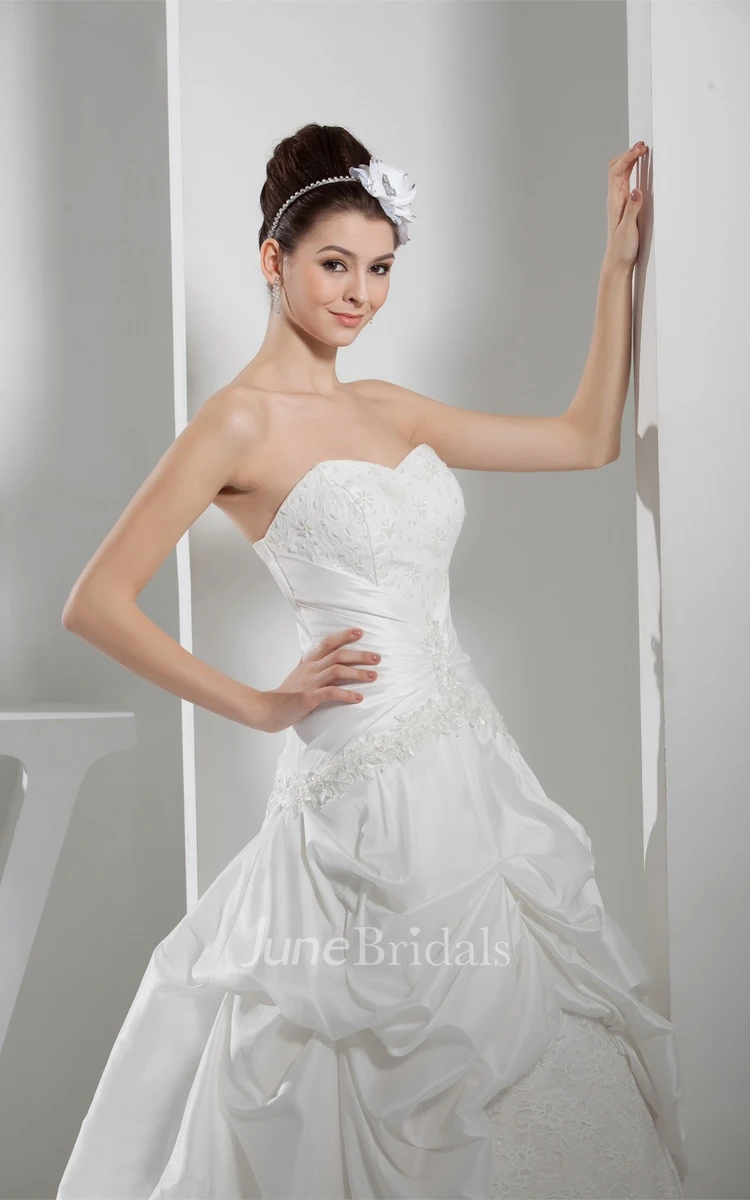 Sweetheart Pick-Up Appliqued Ball Gown with Ruching and Court Train