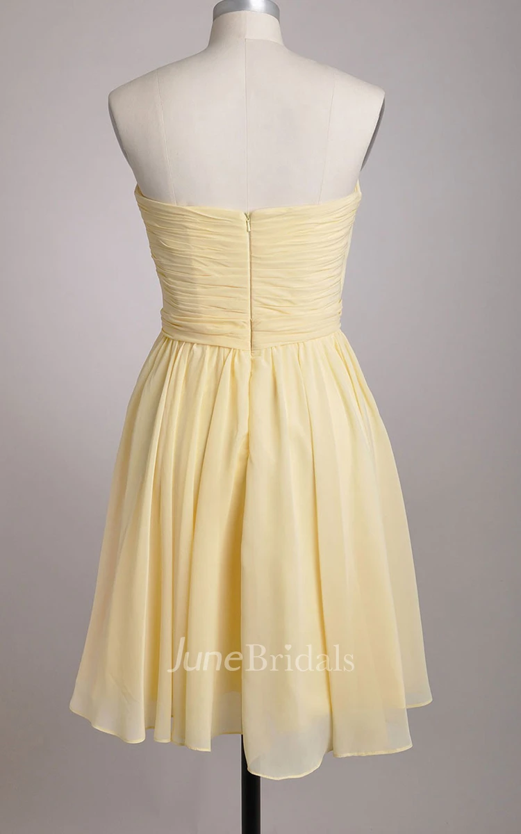 Strapless A-line Chiffon Knee-length Dress With Vertical Pleats