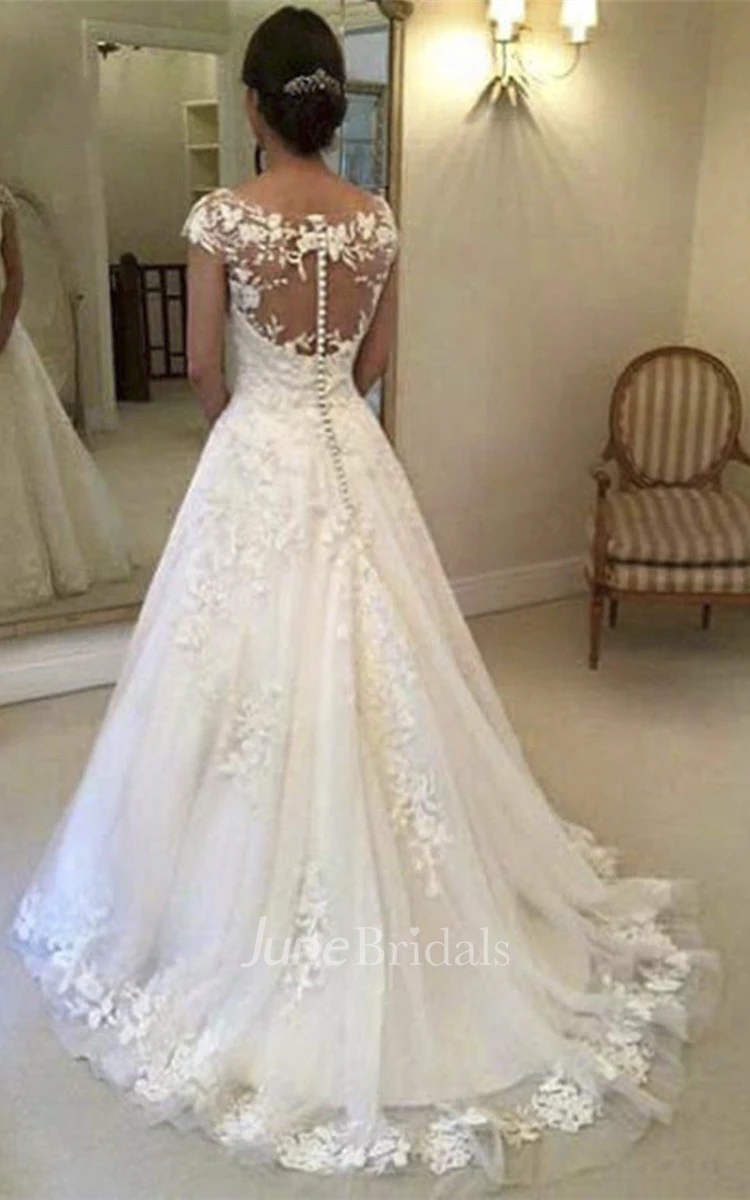 Bateau Lace Adorable Bridal Dress With Illusion Button Back And Cap Sleeves