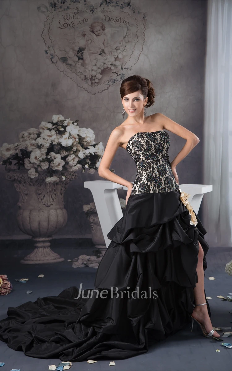 Strapless Front-Split Pick-Up Gown with Appliques and Flower