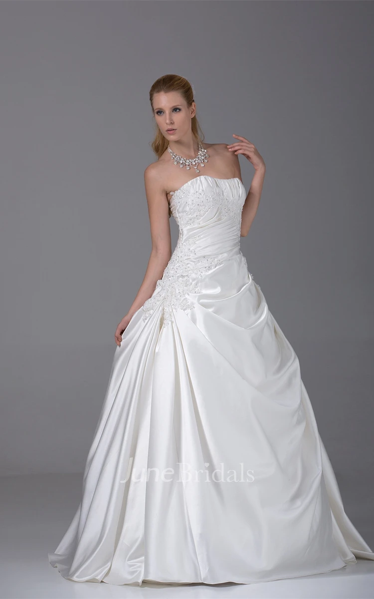 Strapless Ruched Satin Ball Gown with Appliques and Pick Up