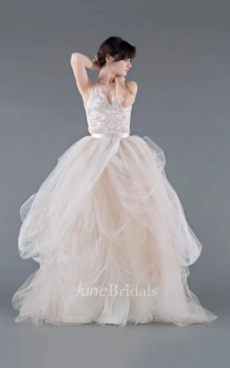 Tulle Lace Organza Weddig Dress With Button Zipper
