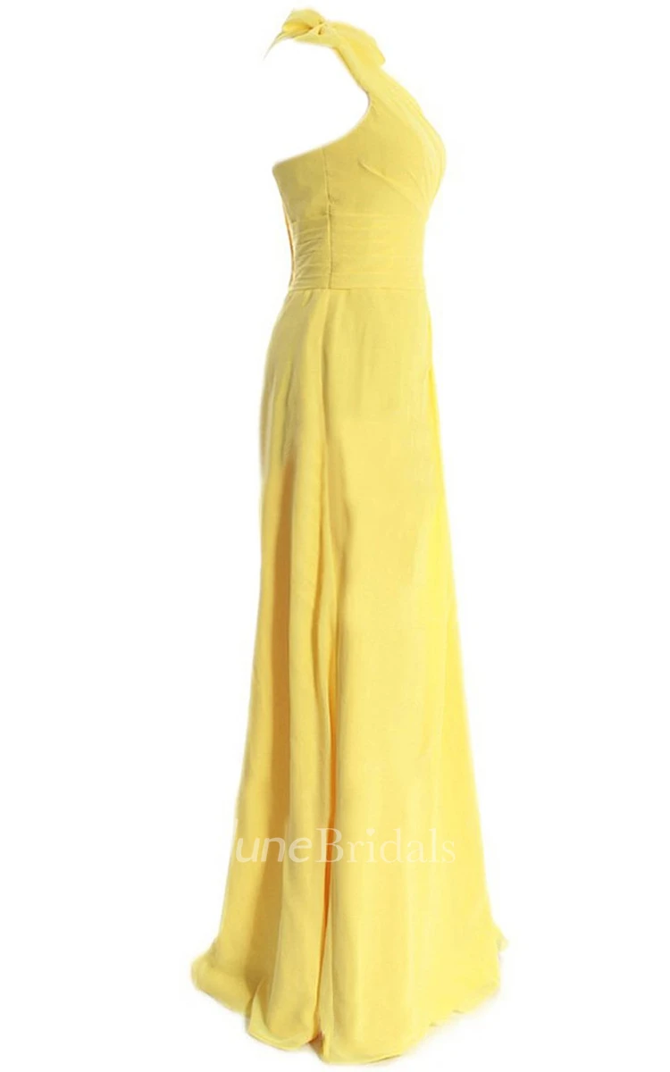 One-shoulder Side-drappping Chiffon A-line Gown With Bow