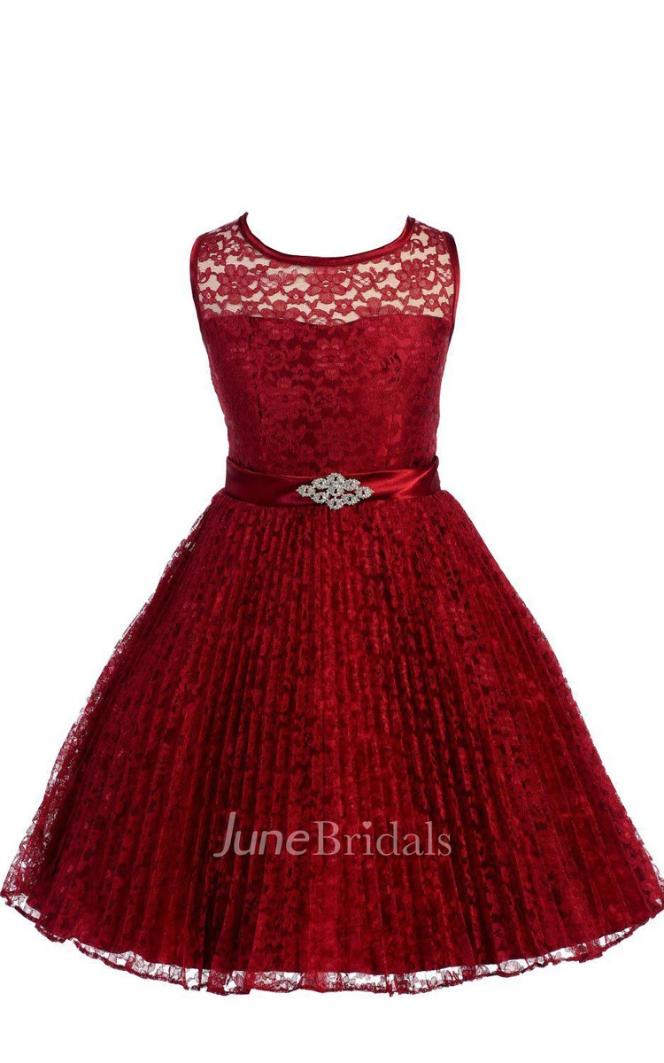 A-line Sleeveless Jewel Neck Lace Dress With Satin Belt