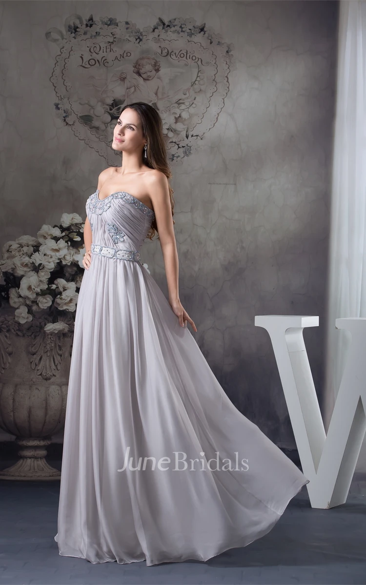 Sweetheart Ruched Chiffon Maxi Dress with Beading and Stress