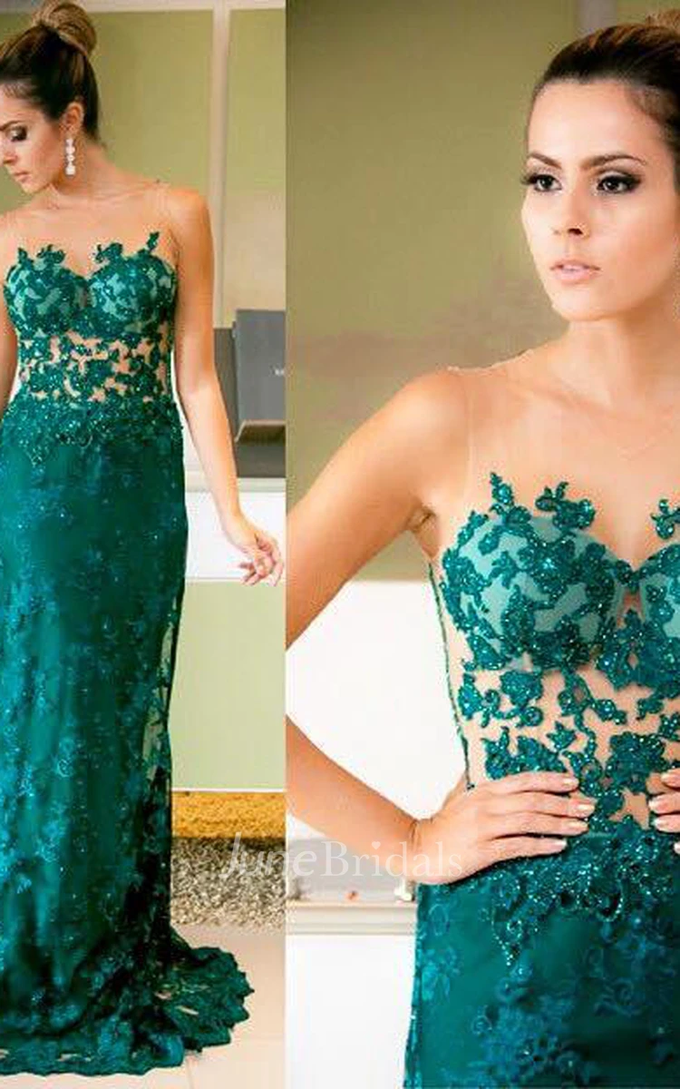 Delicate Lace Appliques Beadings Evening Dress Sweep Train Sleeveless