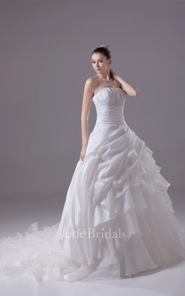 Strapless A-Line Ruched Gown with Cascading Ruffles and Cinched Waistband