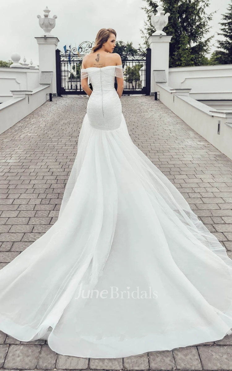 Elegant Off-the-shoulder Short Sleeve Wedding Dress with Chapel Train