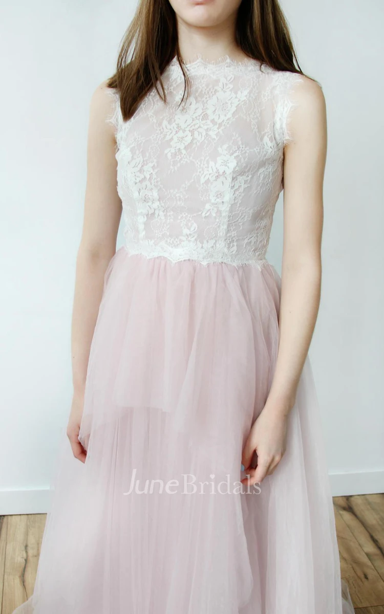 High Neck Sleeveless Tulle Floor-Length Dress With Lace Top