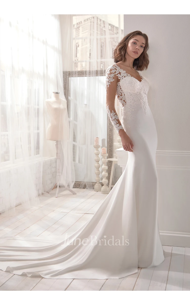 Glittering Jersey V-neck Bridal Gown With Lace Appliques