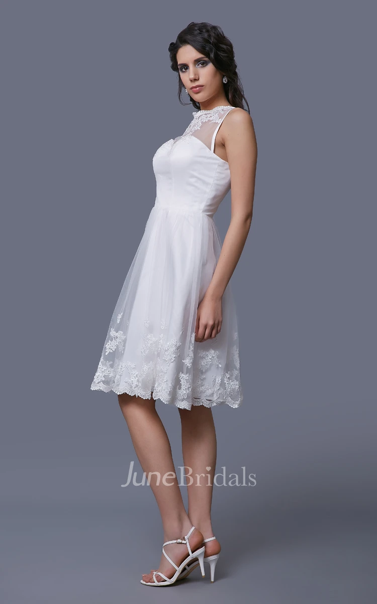 Sleeveless A-Line Short Dress With Illusion Straps and Lace Appliques
