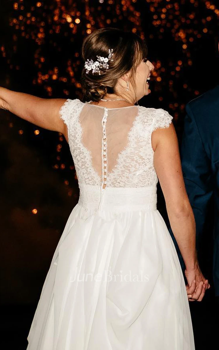 A-Line Plus Size Modest Low V-Neck Illusion Back Lace Cap Sleeve Tulle Trailing Wedding Dress