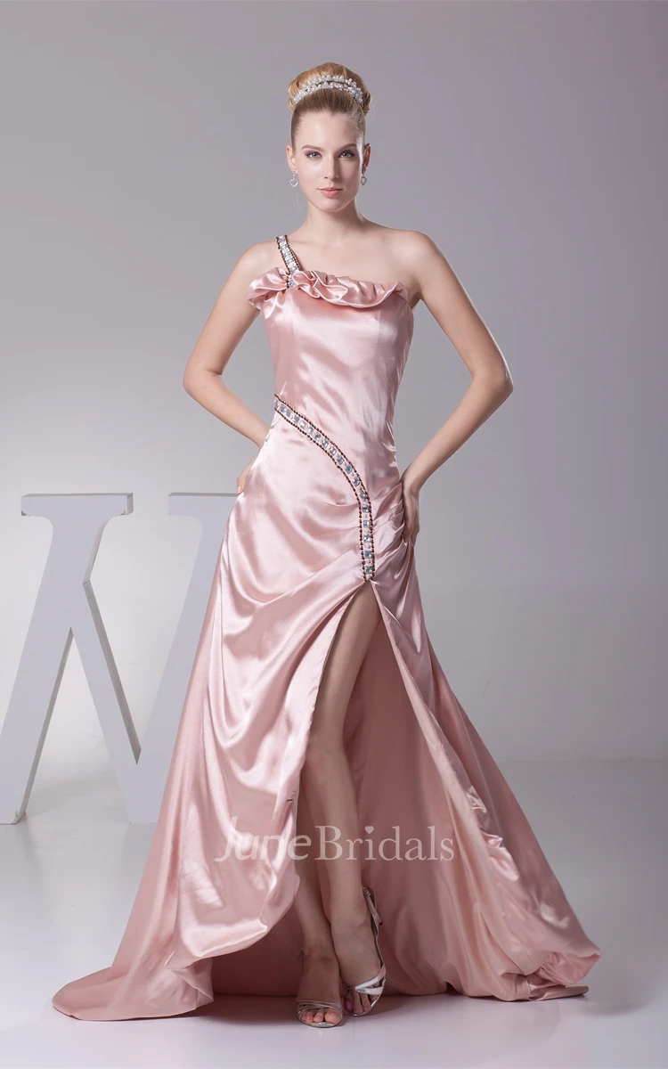 Single-Strap Front-Split Floor-Length Dress with Ruching and Beading