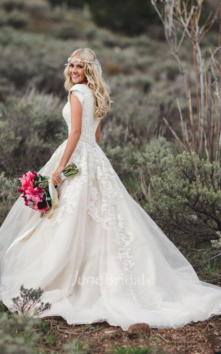 Cap Sleeve Romantic Queen Anne Ballgown Wedding Dress With Lace Appliques And Button Back