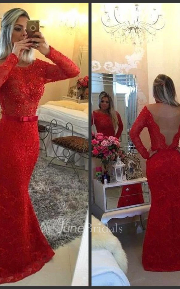 Glamorous Jewel Mermaid Red Pom Dress Long Sleeve With Beadings