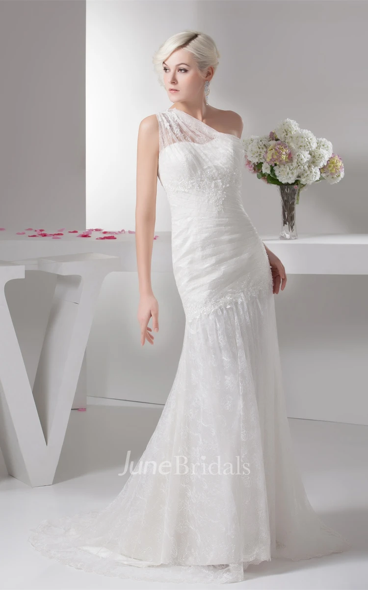 Graceful One-Shoulder Tulle Sheath Dress with Lace and Beading