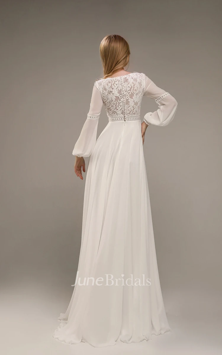 Boho Lace Plunging V-neck Long Sleeve Elegant A-Line Beach Bride Dress Button Back