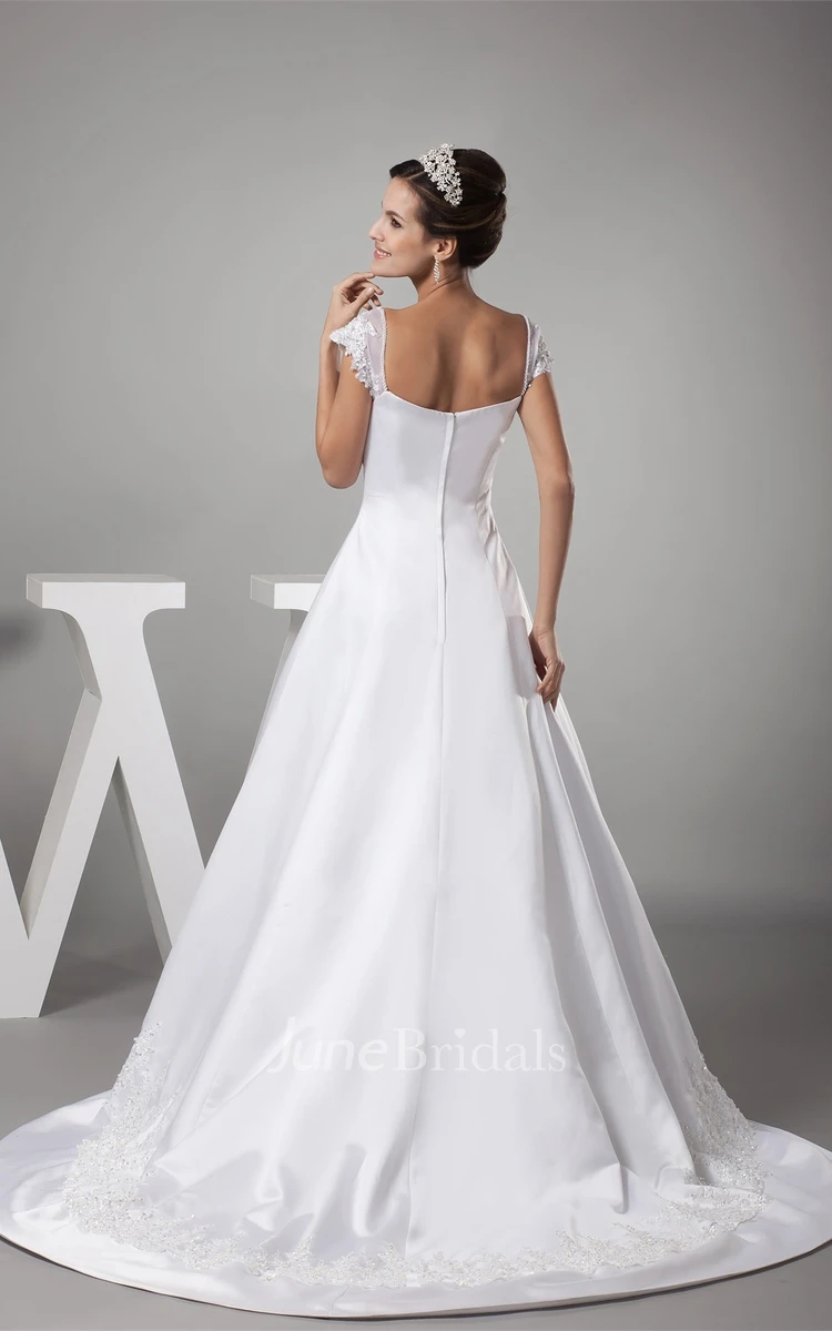 Caped-Sleeve Satin A-Line Gown with Appliques