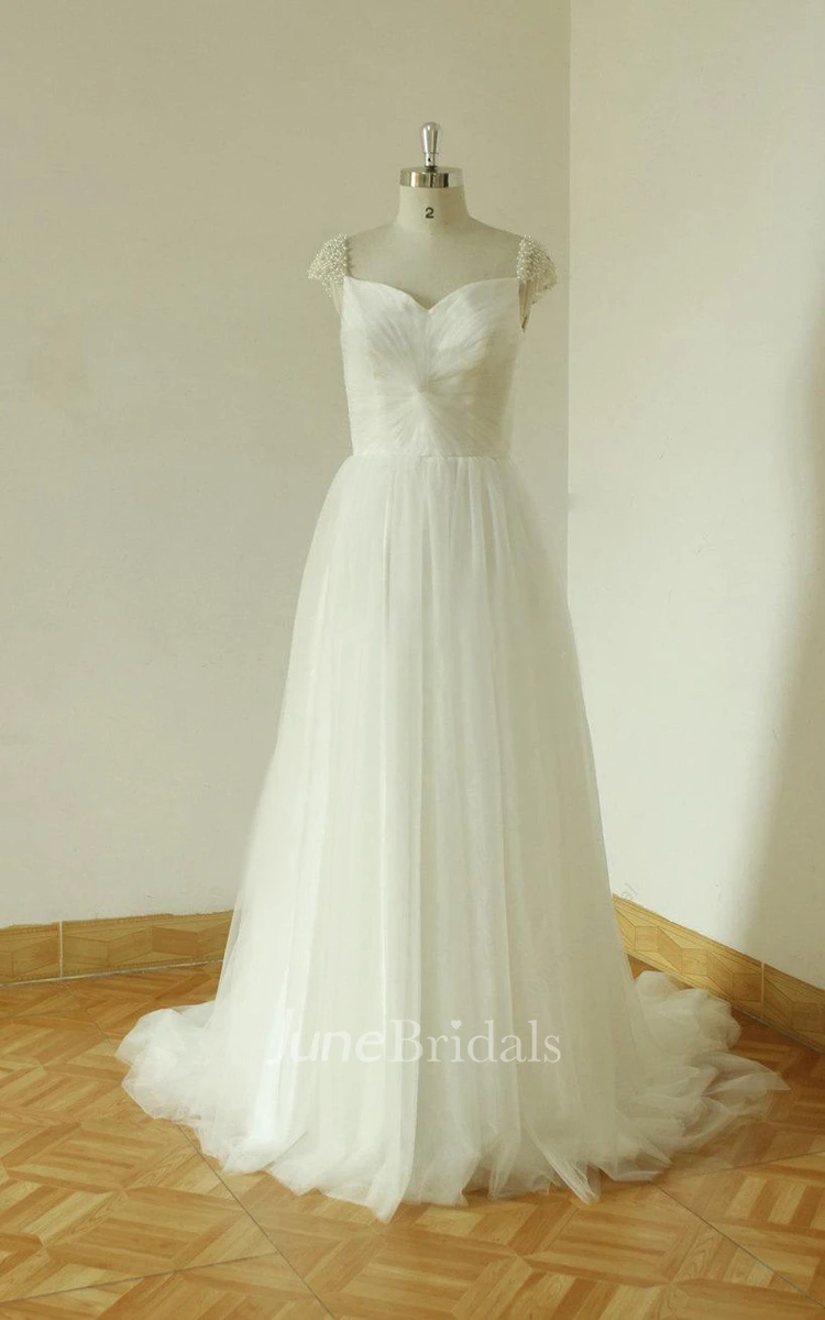 Notched Neck Low-V Back Tulle Wedding Dress With Beading And Pleats