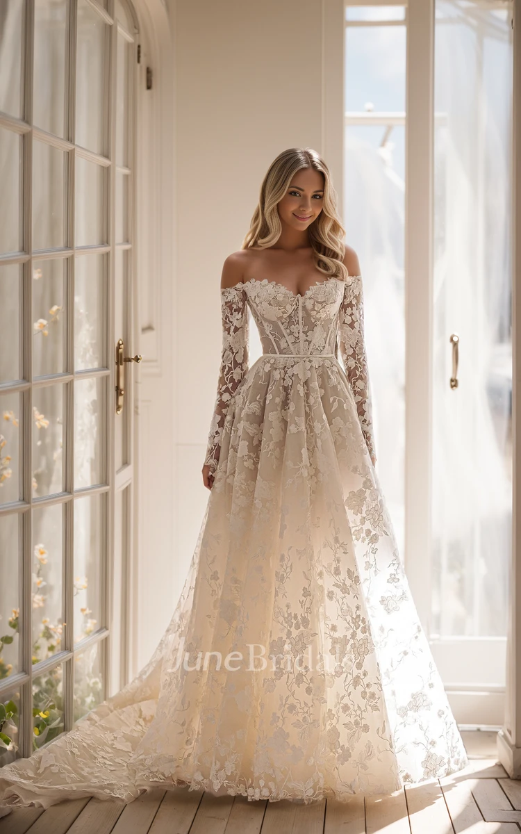 Modern Floral A-Line Boho Lace Off the Shoulder Wedding Dress Princess Whimsical Long Sleeve 3D Appliqued Flowers Corset Back Spring Bridal Gown