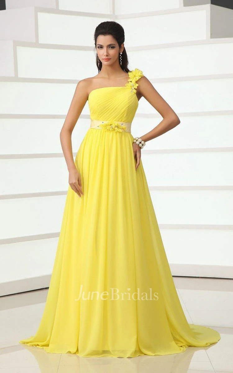 One-shoulder A-line Chiffon Dress With Floral Detail