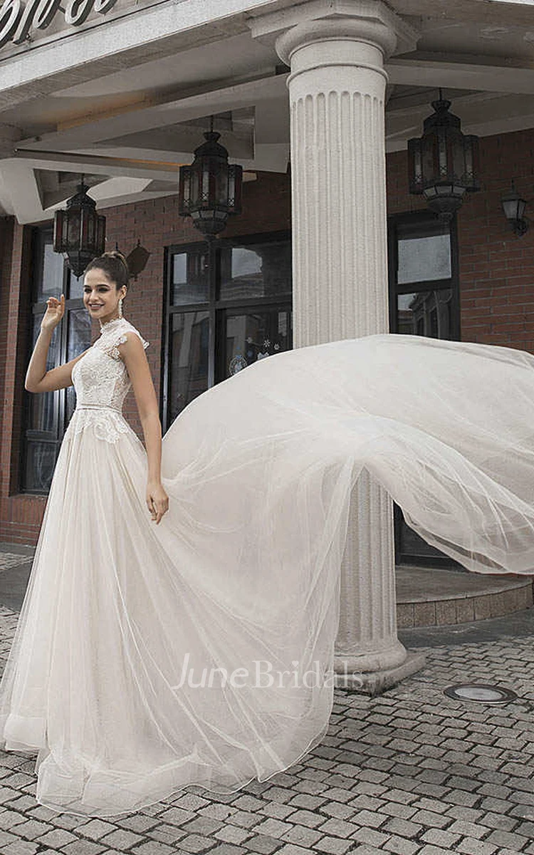 High Neck Cap Sleeve Vintage Lace Tulle Bridal Gown With Button Back