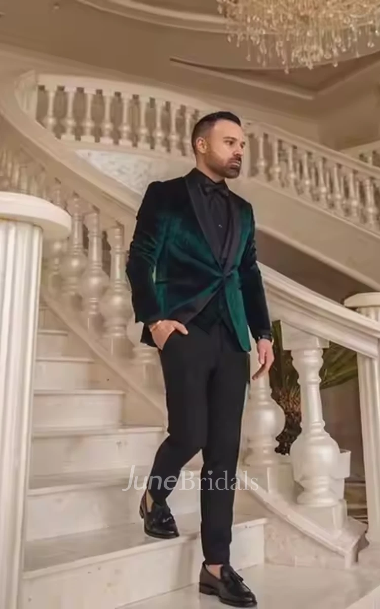 2025 Modern Dark Green Three-Piece Wedding Groom Suits Emerland Green Velvet Shawl Lapel Slim Fit Tuxedo