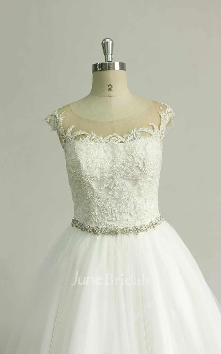 A-Line Cap Sleeve Tulle Lace Dress With Beading Sash Ribbon