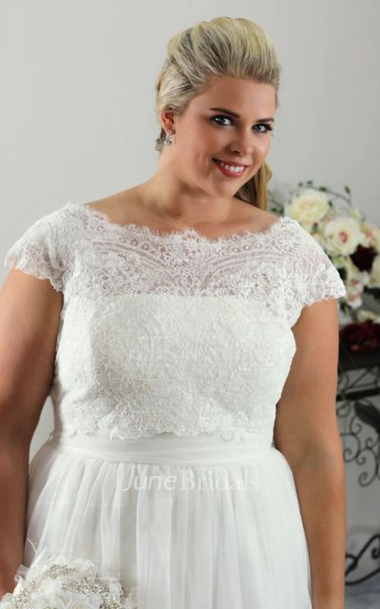 Sheath Scoop-Neck Long Cap-Sleeve Tulle Plus Size Wedding Dress With Appliques