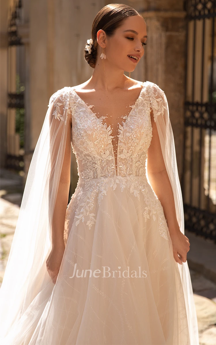 Sweep Train Simple A Line Tulle Wedding Dress with Appliques and Beading