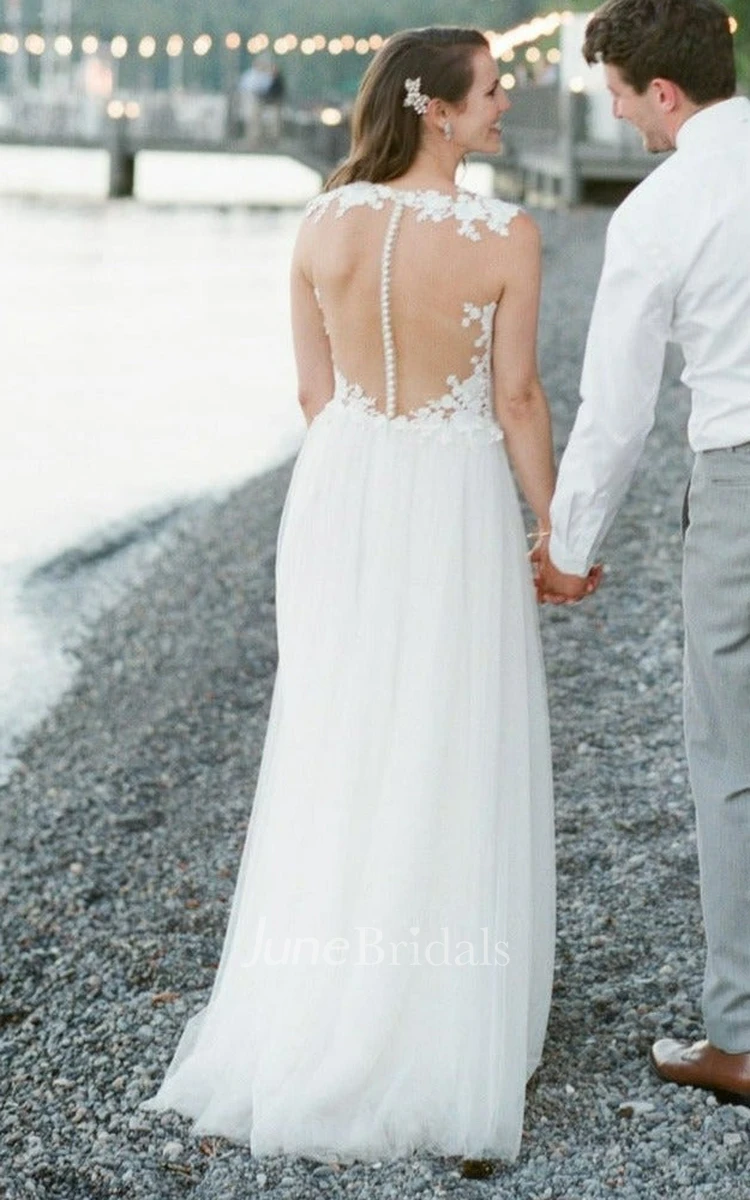 Bohemian A-Line V-neck Lace Tulle Wedding Dress With Illusion Back And Appliques